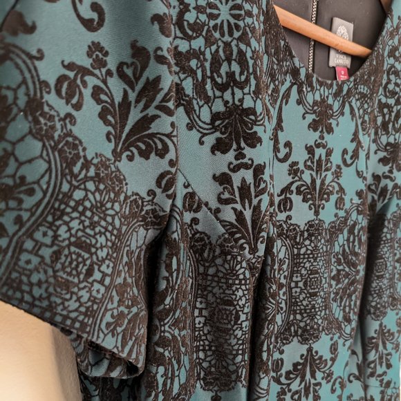 Vince Camuto Green and Black Velvet-flocked Damask Pattern Dress, Size 12 - Picture 3 of 6